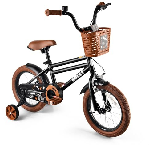 RULLY Bicicleta de niño de 16 pulgadas en color negro – Bicicleta infantil de 4 a 7 años con ruedas estabilizadoras, freno de contrapedal y freno de mano, cesta, cuadro resistente, bicicleta segura