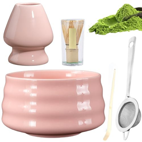 Matcha Tee Set, 5pcs Matcha Set, Japanisches Teeset, Matcha Schneebesen Set aus Keramik, Matcha Schale, Schneebesenhalter, Japanisches Zubehör für Matcha-Zeremonie (Rosa)