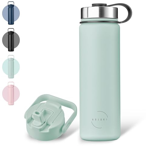 Abjoki Edelstahl Trinkflasche 710ml „Neo“ - auslaufsicher, BPA-frei, LFGB-Zertifiziert - mit 2 Deckel - Thermosflasche mit Strohhalm für Sport & Outdoor - Moonlight Jade