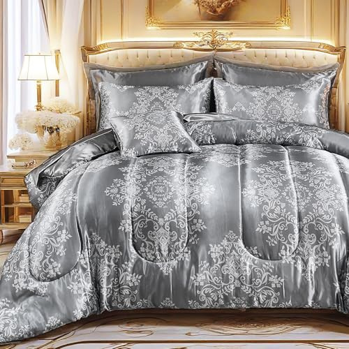 MOVE OVER 8 Pieces Gray Satin Comforter Set King Size Silk Like Satin Bed in a Bag Soft and Elegant Euro Floral Comforter Set with Sheet Set Boho Chic Flower Pattern Luxury Bedding Set