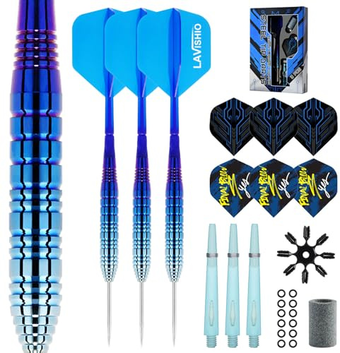 Lavishio Juego de 3 dardos de punta de acero, juego de dardos profesionales de punta de acero de 22 g con plumas de dardos y ejes de dardos y accesorios (azul)