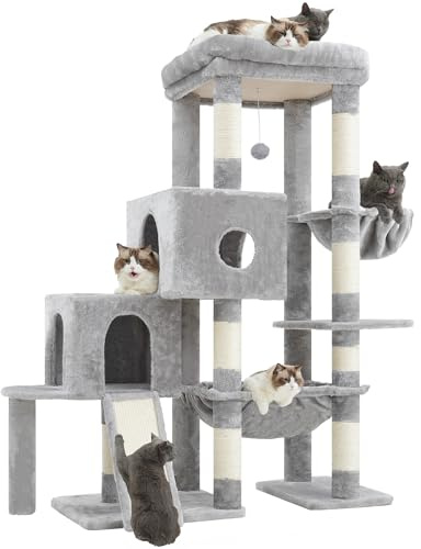 Hey-brother Árbol para Gatos, Rascador para Gatos con una Gran Plataforma, Estructura escalonada, con 2 nidos para Gatos, una Hamaca espaciosa, un rascador de sisal y una Cesta, Gris Claro MPJ071W