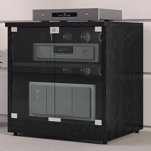 LIGUIEN Mueble Equipo Hifi Soporte Multimedia, Estantes for Amplificadores de Parlantes, Gabinete AV Moderno, Cerradura de Puerta de Doble Cristal, para Salón(Black,2-tier H60CM/24)