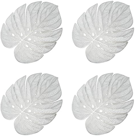 Leaf Silver Placemats Set of 4,14x18Inch Non Slip Heat Insulation Hollow Turtle Leaves Tablemats Dinning Table Place Mats Holiday Placemats Spring Table Decorations Party Supplies