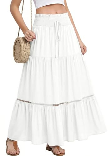 Fashora Faldas Largo Mujer Verano Cintura Elástica Faldas Fiesta Boho Maxi Faldas Línea A Cintura Alta Faldas con Volantes para Vacaciones y Playa Casual