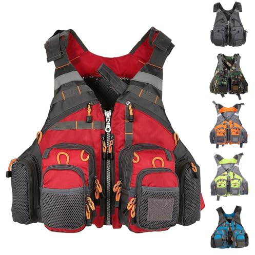 Chaleco de Seguridad para Pesca Alta Flotabilidad para Adultos, Diseño Multibolsillo en Tejido Ripstop con Ajuste Regulable para Kayak Paddle Surf Navegación Surf(Red)