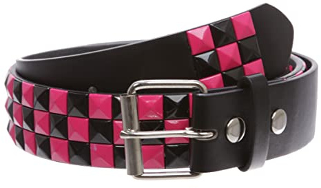 Beltiscool Snap On 1 1/2 Fuchsia & Black Checkerboard Punk Rock Studded Belt, black/fuchsia | m 33-35