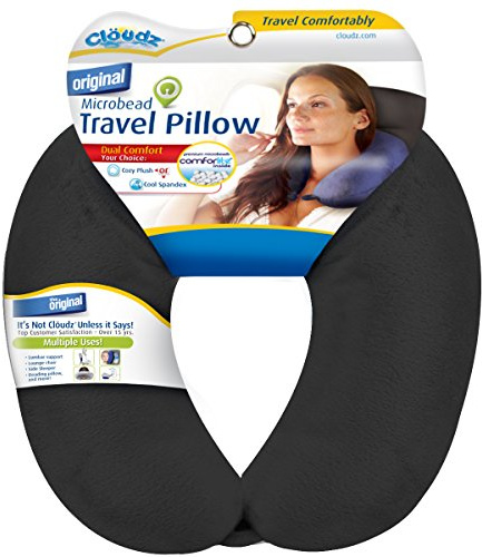 Cloudz Dual Comfort Microbead Airplane Travel Neck Pillow. Super Soft Cozy Plush Fabric on One Side, Cool Relaxing Spandex on The Other! Customize Your Comfort and Support at Home or On The Go!-Black