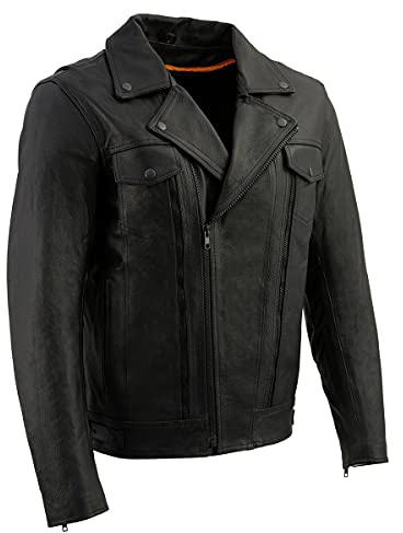 Milwaukee Leather LKM1760 Men's Black Leather Motorcycle Riders Jacket w/Multi-Utility Pockets - Large