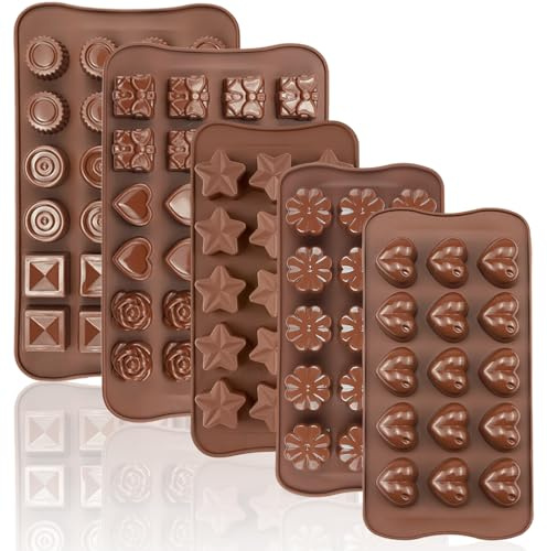 JOERSH 5PCS Silicone Chocolate Molds for Candy, Fat Bombs Snacks & Truffles, 9 Shapes 93 Cavities Candle Soap Wax Melts Mold (Square, Round, Heart, Star, Flower Shapes)