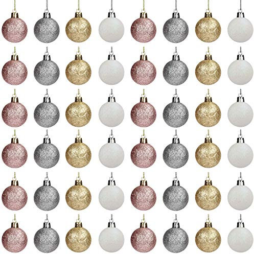 Belle Vous Weihnachtskugeln (48 Stück) 4cm Christbaumkugeln Glitzerkugeln je 12 in Silber, Gold, Weiß & Roségold mit Faden für Weihnachtskugeln Set Dekoration Weihnachtsfeier Dekoration zum Aufhängen
