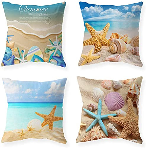 4er Set Dekorative Kissenbezüge 40x40cm Strandseesterne und Muscheln Kissenbezug Zierkissenbezug Samt Quadratischer Unsichtbarem Reißverschluss Doppelseitiger Druck Kissenhülle für Couch Sofa Outdoor