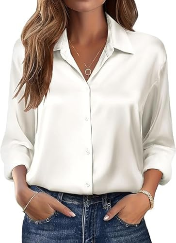 Beyove Chemisier Femme Satin Soie Col V Chemises Élégantes Manches Longues Business Tops avec Boutons Tops Chemise Ample à Manches Longues Beige M