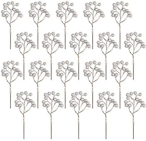 Fangoo 20 Pack Christmas Artificial Silver Berries Stems for Christmas Tree Holly Berries Burgundy Red Berries Picks Berry Branches Xmas Wreath Crafts Wedding Season Winter Home Decoration