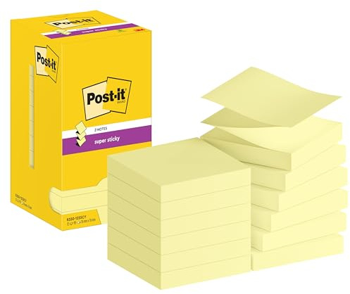 Post-it Super Sticky Z-Notes, 1080 Sheets, Value Pack of 12 Pads, 76 mm x 76 mm - Holds Strong to Many Surfaces - Canary Yellow - for Walls, Monitors and Fridge, Recycable