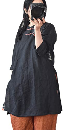 NFYM Women's Cheongsam Qipao Dress Linen Patchwork Midi Blouse Summer Retro Chinese Tunic Shirt Clothing, Black, One size