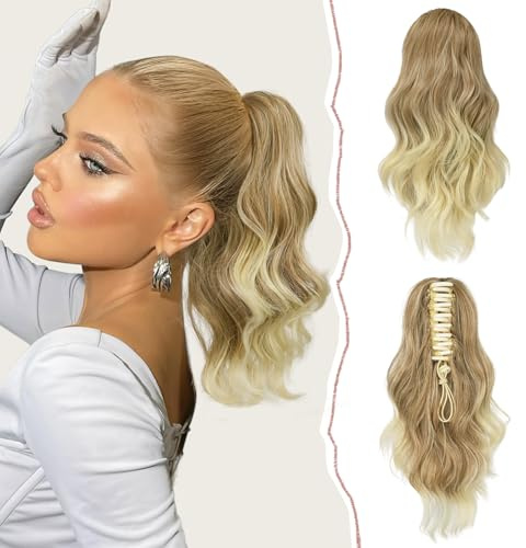 Sofeiyan Court Ondulée Extension de Queue De Cheval Pince 35cm Queue de Cheval Extension Synthétiques Postiche Pince à Griffe Bouclés Cheveux Queue De Cheval d'Aspect Naturel pour Femme,Blond
