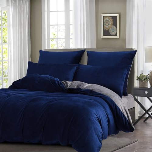 Boqingzhu Flanell Winter Bettwäsche 135x200cm Plüsch Biber Blau Dunkelblau Grau Warm Kuschelig Flauschig Wende Bettwäsche Teddy Fleece Samt Cashmere Touch Bettbezug 135x200cm