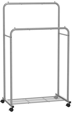 SONGMICS Perchero Burro, Burro de Ropa con Ruedas, Perchero de Metal, Barra Colgante de 92,5 cm de Ancho, con Estante, 2 Ruedas Bloqueables, Cada Barra Superior Soporta hasta 35 kg, Gris HSR026G01