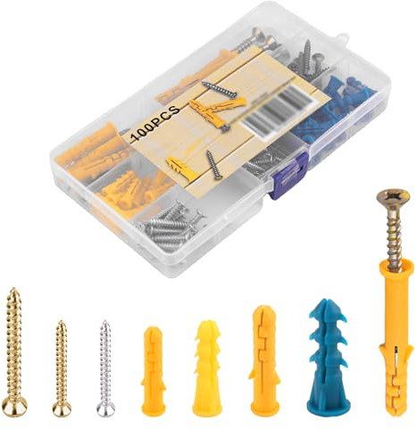 MEMOFYND Juego de 100 tornillos de tubo de expansión, tacos, tornillos de pared de hormigón y tacos de diferentes tamaños para colgar tacos e instalaciones de mampostería.