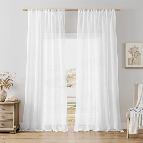 Softalker Gardiner vit transparent linneutseende voile gardin kort stång gardin 225 cm hög för sovrum fönster gardin 140 cm brett, set om 2