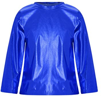 HULIJA Camiseta básica metálica de manga larga para niñas, top brillante, hip hop, jazz, fiesta, ropa de baile, actuaciones escénicas, azul cobalto, 134-140