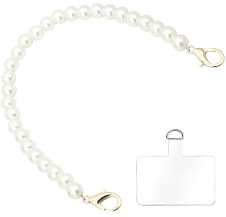 Wondora telefon berlockrem, mobiltelefon berlocker, telefonberlocker, telefonkedja, vit pärla mobiltelefon berlock, med 1 bakre klistermärke, kompatibel med de flesta flickors mobiltelefonskal, 30cm,