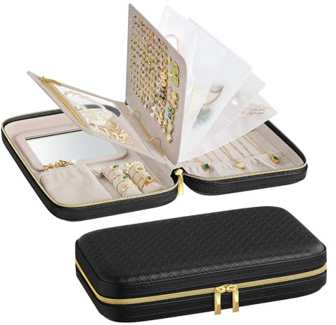 SONGMICS HOME Travel Jewelry Case, Jewelry Organizer Box with Mirror, Jewelry Pouch, Woven Embossed PU Leather, Hard Shell, Large Capacity, Gift Idea, Ink Black UJBC204B01