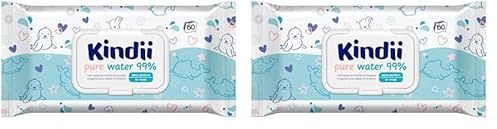Kindii Lingettes Humides pour Bébés Pure Water 99% - Composition 99% à Base d'Eau - Allantoïne - Non Parfumée - Testée Dermatologiquement - Pour Peaux Sensibles - 60 pcs (Lot de 2)