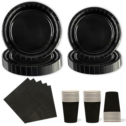HFBOBP Schwarz Partygeschirr, 96 Stück Bunt Pappteller,Party Pappteller Becher Servietten Partyteller Partyset Süße Party für Hochzeiten und Feiern wie Geburtstag