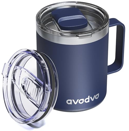 avodvo 12oz Insulated Coffee Mug with Lid – Includes Two Lids, Stainless Steel Coffee Travel Mug with Handle, Double Wall Vacuum Insulated Camping Mug for Home, Office & Outdoor, Navy Blue