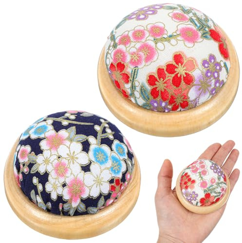 2 Pcs Pin Cushion Japanese Style Wooden Pincushion Pin Holder Round Needle Holders with Wooden Base Cotton Floral Pincushions Sewing Wrist for Hand Sewing Needle Holders and DIY Crafts