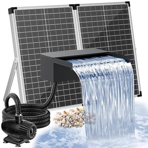 POPOSOAP 70W Solar Pond Waterfall Spillway with Fountain Pump, 304 Stainless Steel Pond Spillway & Filtration System with 9.8FT Tubing for Garden Ponds Landscape Water Features-P5703Y
