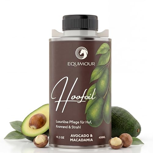 Equimour Olio di zoccolo con pennello per cavalli – Avocado & Macadamia – Cura degli zoccoli con vitamina E – per zoccolo, bordo della corona & fascio – lucentezza naturale & aspetto curato – 450 ml