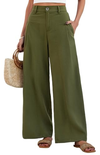 Fashora Linen Trousers Womens Casual Wide Leg Summer Trousers Half Elasticated Waist Elegant Loose Palazzo Pants for Women Lightweight Bottoms