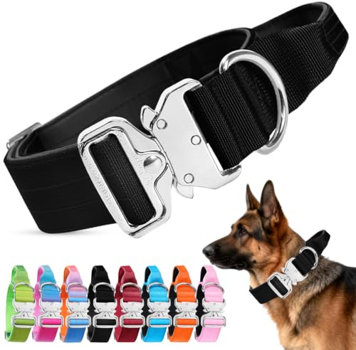Ledeak taktisk hundkrage, militär nylon justerbar träning hundkrage, mjuka vadderade breda husdjurshalsband med handtag och tungt metallspänne för medium stor hundträning och promenader (svart, M)