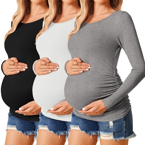 Ekouaer 3-pack mammamode långärmad skjorta sidoprimring graviditet | passar dig från babymagen till barnet, veckad design för att justera längd och stil, framåt, under föregående
