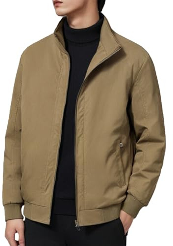 Giacche casual da uomo per l'uso quotidiano, attività all'aperto e equitazione, giacche a maniche lunghe in tinta unita con cerniera per primavera e autunno, cachi, 4XL