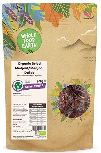 Wholefood Earth Organic Dried Medjoul/Medjool Dates – 500 g | Raw | GMO Free | Vegan | High Fibre | Certified Organic