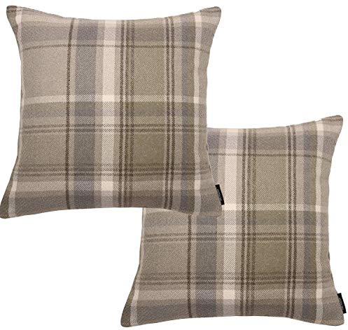 McAlister Textiles Set of 2 Heritage Natural Beige Tartan Check Cushion Covers Square Throw Pillows for Bed or Sofa 43x43 Cm - 17x17 Inches