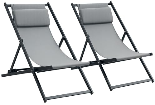 Outsunny Conjunto de 2 Tumbonas Plegables de Aluminio Tumbonas de Jardín con Respaldo Regulable en 5 Posiciones y Reposacabezas para Terraza Patio Exterior 60x100x85 cm Gris