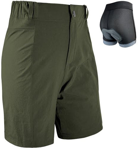 Wulibike Radlerhose Damen Mountainbike-Radhose 2 in 1 gepolstert MTB Shorts Frauen Fahrradhose mit Polsterung Reiten Fahrrad Radfahrhose Reißverschlusstaschen Olivgrün S