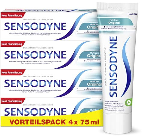 SENSODYNE MultiCare Original Zahnpasta, tägliche Zahncreme mit Fluorid für schmerzempfindliche Zähne, 4x75ml