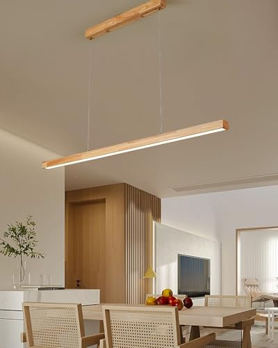 Lineare Hängelampe mit Fernbedienung, LED Pendelleuchte esstisch holz Dimmbar, Linear Design Hängeleuchte Esstisch lampe, höhenverstellbar Kronleuchter für Esszimmer Küche Büro Lampe (Holz, 80cm)