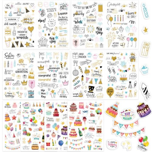 GROFIS 347 Pièces Stickers Anniversaire, Autocollants de Anniversaire Vintage, Stickers Scrapbooking Anniversaire pour Décoration Album Photo Livre d'or Anniversaire, Autocollants Faire Part