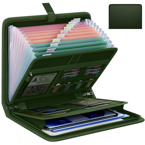 Fireproof Accordion File Organizer, Portable Expanding File Folder with Waterproof Zipper&Labels, Green Document Organizer with 13 Pockets, File Organizer for Important Document/Paper Storage