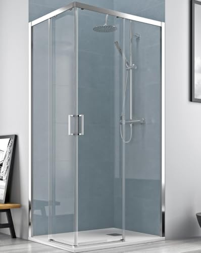 Mampara Ducha Rectangular Angular Corredera 2 Puertas 2 Fijos | Cristal 5mm Antical | Perfil Cromo 110cm (Adaptable 106,5-108,5cm) X 70cm