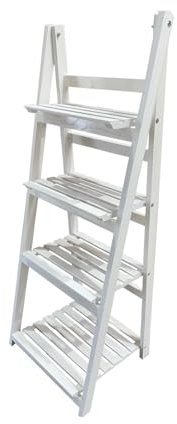Estantería para Plantas, Interior y Balcón, Soporte Flores, Escalera Plegable de Madera Blanca (4 peldaños)