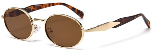 Long Keeper Gafas de Sol Ovaladas Metal Vintage para Mujer Hombre Pequeñas Gafas de Sol Redondas Retro Gafas Ovaladas Vintage Protección UV400, 53MM (Montura Leopardo Oro - Lente Marrón)