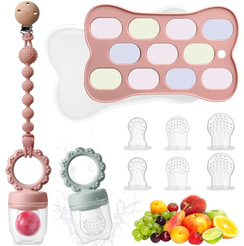Beeoecm Fruchtsauger Baby, 2 Stück Obstschnuller Baby, Silikon Fruchtsauger ab 3 Monate mit Babynahrungs-Aufbewahrungsbehälter, Schnullerkette & 5 Silikon Sauger in 3 Größen für Kleinkinder (Orange)